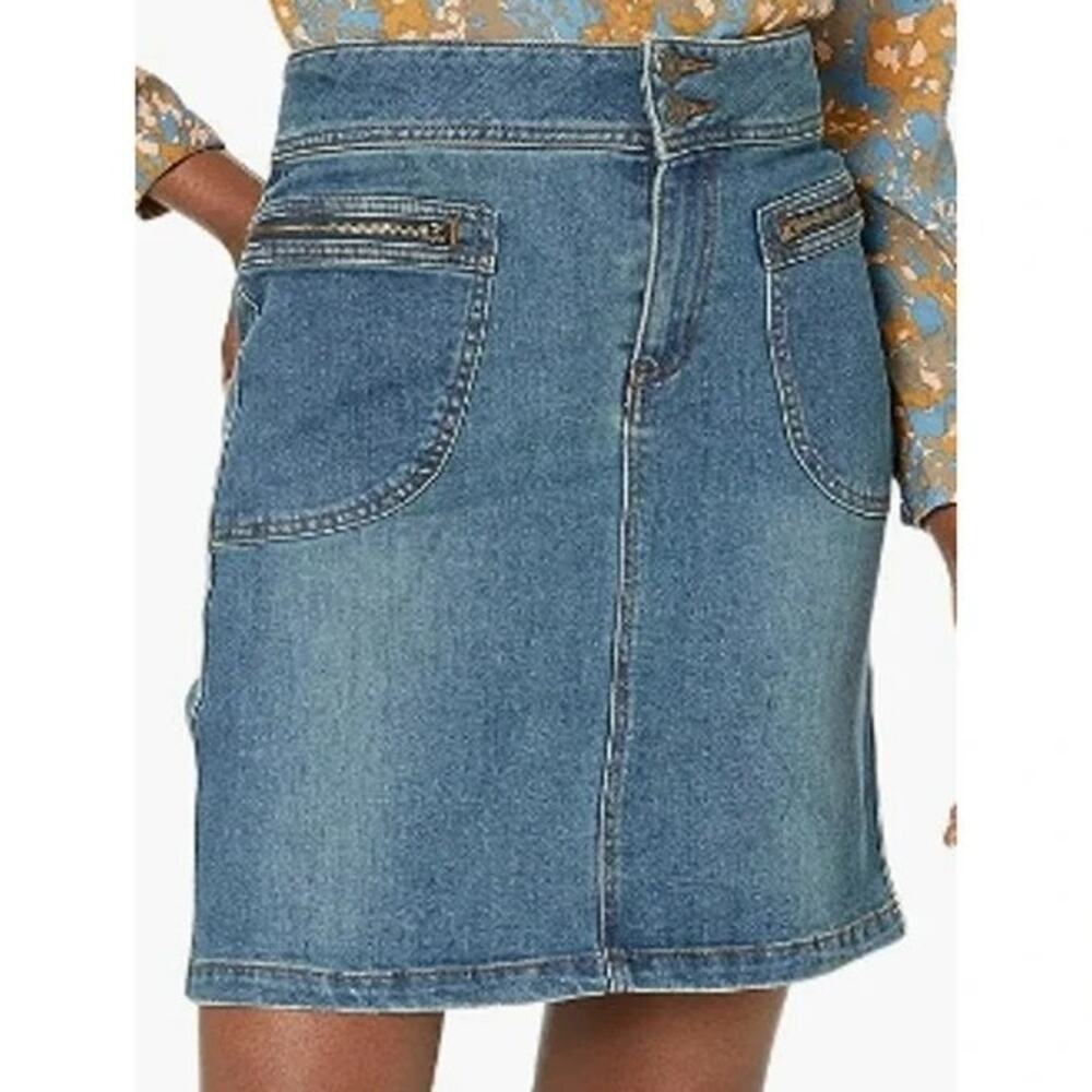 NWT prAna Broadway Denim Mid Thigh Jean Skirt Zipper Patch Pockets 0 True Blue